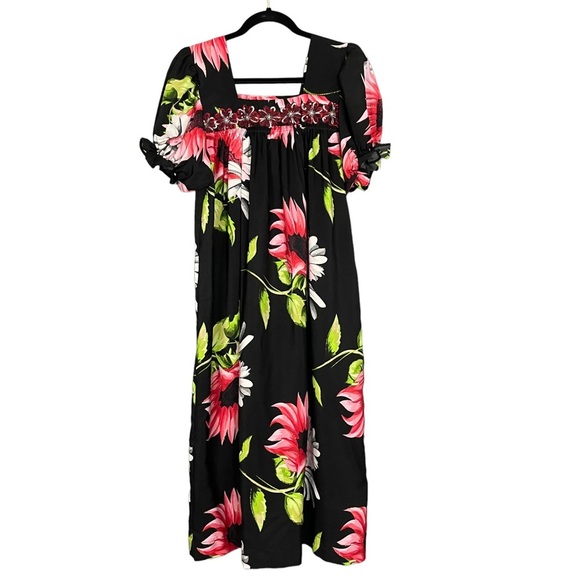 Handmade Muumuu Dress Sunflower Design Midi Black Pattern Red White Flowers Cute - Picture 1 of 11